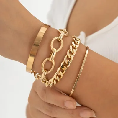 4 Pcs Chunky Punk Cuban Chain Bracelets Set